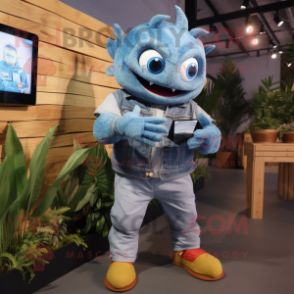 Blue Piranha mascot costume character dressed with a Denim Shirt and Smartwatches