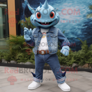 Blue Piranha mascot costume character dressed with a Denim Shirt and Smartwatches