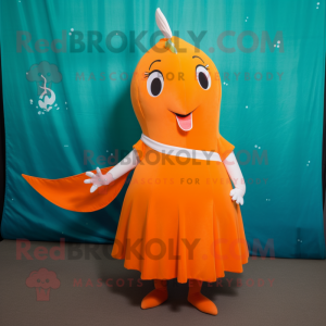 Orange Narwhal mascot costume character dressed with a A-Line Skirt and Anklets