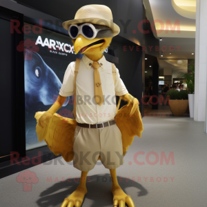 Gold Archeopteryx mascot costume character dressed with a Oxford Shirt and Sunglasses