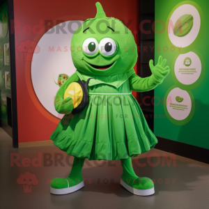 Green Squash mascot costume character dressed with a Circle Skirt and Backpacks