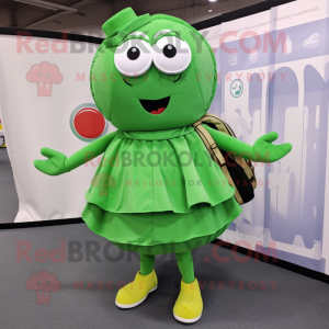 Green Squash mascot costume character dressed with a Circle Skirt and Backpacks