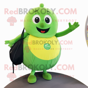 Green Squash mascot costume character dressed with a Circle Skirt and Backpacks