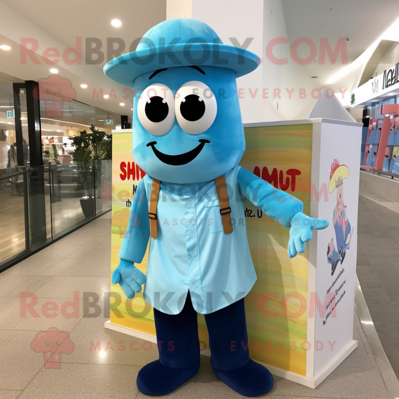 Sky Blue Shrimp Scampi mascot costume character dressed with a Vest and Hats