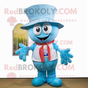 Sky Blue Shrimp Scampi mascot costume character dressed with a Vest and Hats