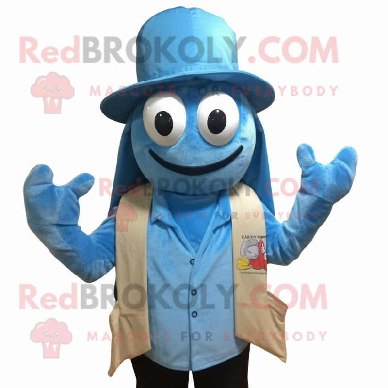 Sky Blue Shrimp Scampi mascot costume character dressed with a Vest and Hats