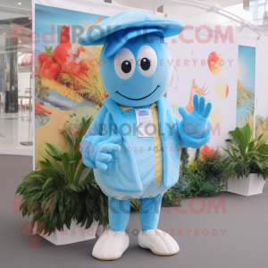 Sky Blue Shrimp Scampi mascot costume character dressed with a Vest and Hats
