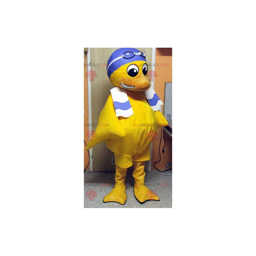 Geel kuiken mascotte met een badmuts - Redbrokoly.com