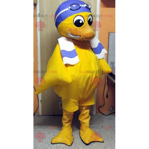 Mascotte de poussin jaune avec un bonnet de bain -