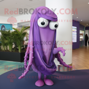 Purple Squid mascot costume character dressed with a Wrap Skirt and Ties