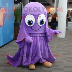 Purple Squid mascot costume character dressed with a Wrap Skirt and Ties