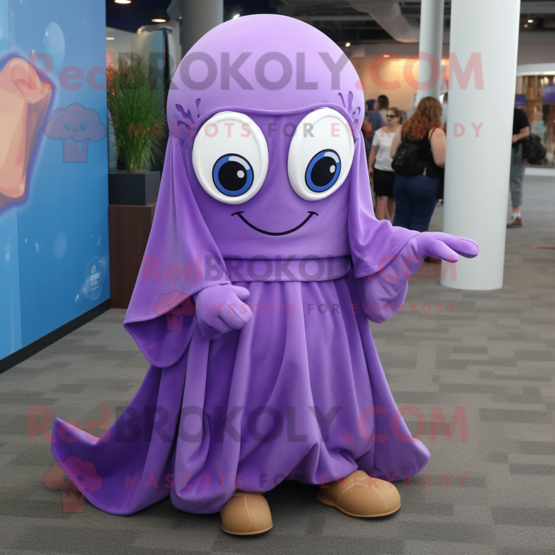 Purple Squid mascot costume character dressed with a Wrap Skirt and Ties Purple Squid mascot costume character dressed with a Wrap Skirt and Ties