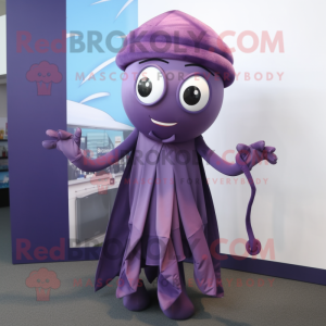Purple Squid mascot costume character dressed with a Wrap Skirt and Ties