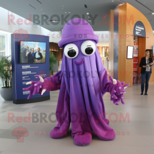 Purple Squid mascot costume character dressed with a Wrap Skirt and Ties