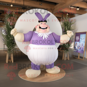Lavender Strongman mascot costume character dressed with a Circle Skirt and Ties