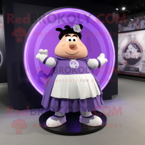 Lavender Strongman mascot costume character dressed with a Circle Skirt and Ties