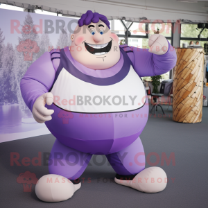 Lavender Strongman mascot costume character dressed with a Circle Skirt and Ties