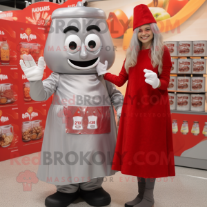 Silver Bottle Of Ketchup mascot costume character dressed with a Mini Skirt and Mittens