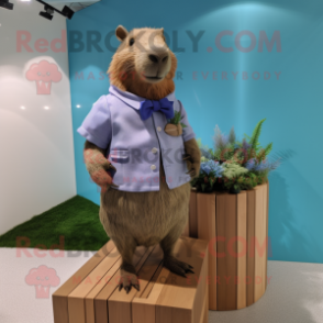 Lavender Capybara mascot costume character dressed with a Chambray Shirt and Lapel pins