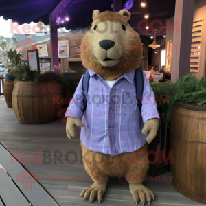 Lavender Capybara mascot costume character dressed with a Chambray Shirt and Lapel pins