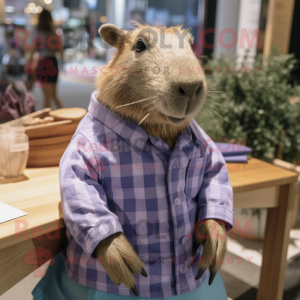 Lavender Capybara mascot costume character dressed with a Chambray Shirt and Lapel pins