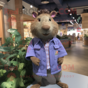 Lavender Capybara mascot costume character dressed with a Chambray Shirt and Lapel pins