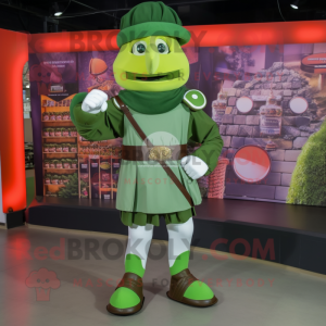 Olive Roman Soldier mascot costume character dressed with a Long Sleeve Tee and Lapel pins