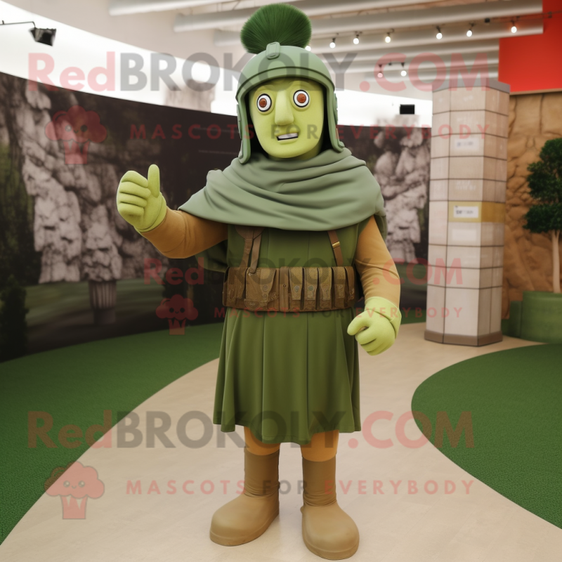 Olive Roman Soldier mascot costume character dressed with a Long Sleeve Tee and Lapel pins Olive Roman Soldier mascot costume character dressed with a Long Sleeve Tee and Lapel pins