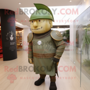 Olive Roman Soldier mascot costume character dressed with a Long Sleeve Tee and Lapel pins