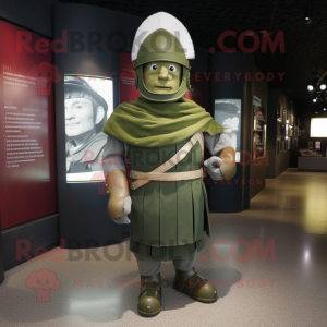 Olive Roman Soldier mascot costume character dressed with a Long Sleeve Tee and Lapel pins