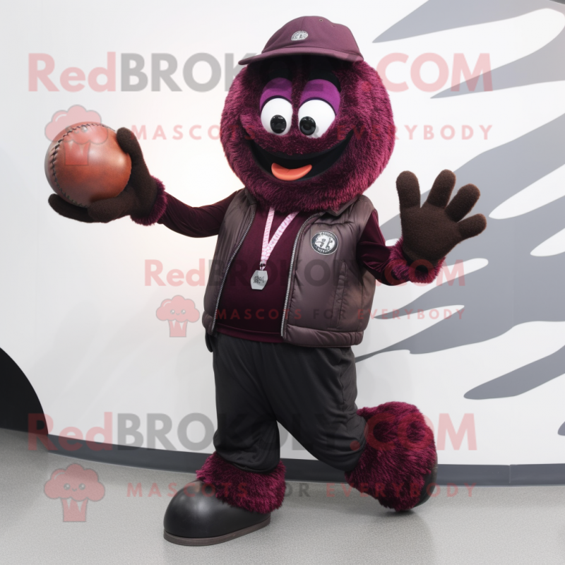 Maroon Juggle mascot costume character dressed with a Leather Jacket and Mittens