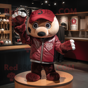 Maroon Juggle mascot costume character dressed with a Leather Jacket and Mittens