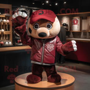 Maroon Juggle mascot costume character dressed with a Leather Jacket and Mittens