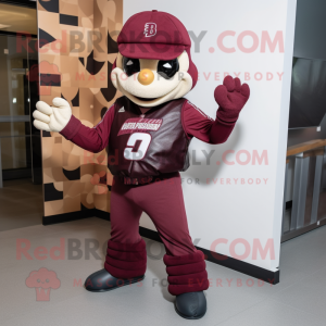 Maroon Juggle mascot costume character dressed with a Leather Jacket and Mittens