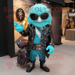 Turquoise Magician mascot costume character dressed with a Biker Jacket and Backpacks
