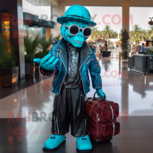 Turquoise Magician mascot costume character dressed with a Biker Jacket and Backpacks