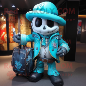 Turquoise Magician mascot costume character dressed with a Biker Jacket and Backpacks