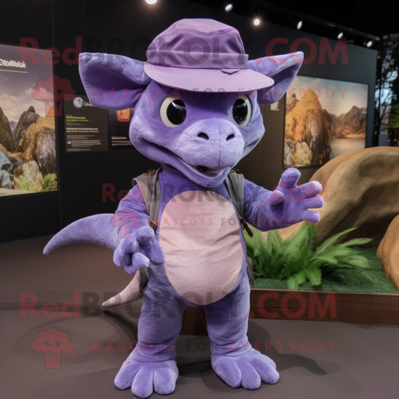 Lavender Chupacabra mascot costume character dressed with a Jumpsuit and Hats