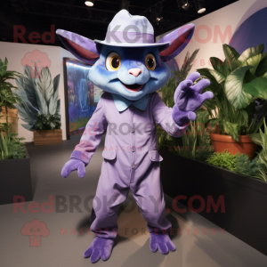 Lavender Chupacabra mascot costume character dressed with a Jumpsuit and Hats