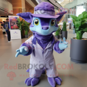 Lavender Chupacabra mascot costume character dressed with a Jumpsuit and Hats