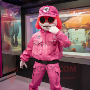 Pink Undead mascot costume character dressed with a Windbreaker and Berets