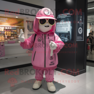 Pink Undead mascot costume character dressed with a Windbreaker and Berets