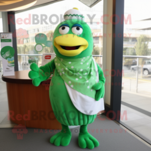 Green Butter Chicken mascot costume character dressed with a Pencil Skirt and Scarf clips