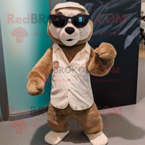 Beige Otter mascot costume character dressed with a Playsuit and Sunglasses