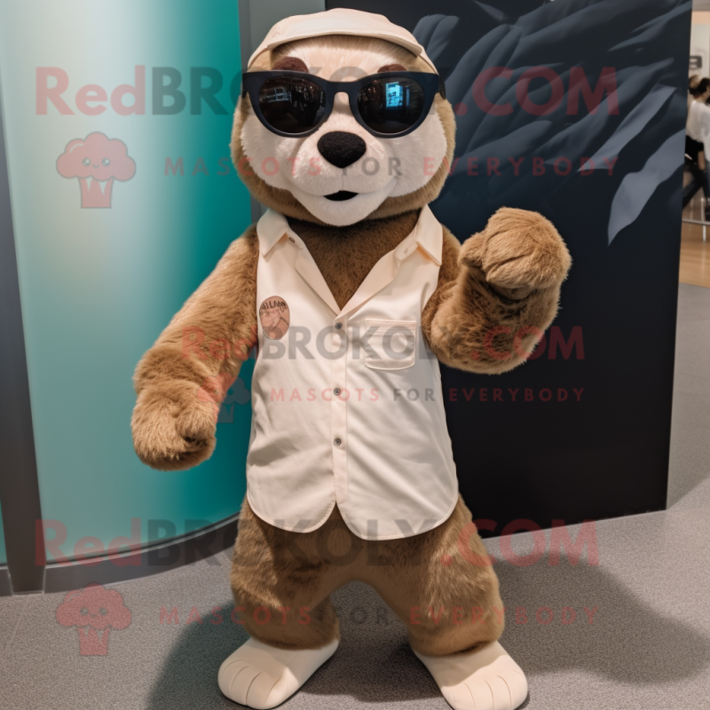 Beige Otter mascot costume character dressed with a Playsuit and Sunglasses Beige Otter mascot costume character dressed with a Playsuit and Sunglasses
