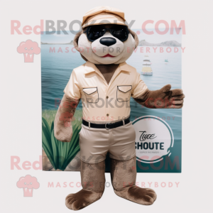 Beige Otter mascot costume character dressed with a Playsuit and Sunglasses