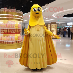 Gold Bottle Of Mustard mascot costume character dressed with a Circle Skirt and Shawls