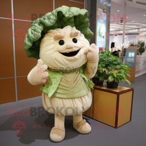 Beige Cabbage mascot costume character dressed with a T-Shirt and Handbags
