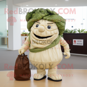 Beige Cabbage mascot costume character dressed with a T-Shirt and Handbags