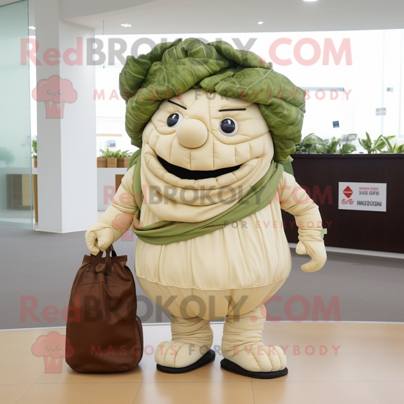 Beige Cabbage mascot costume character dressed with a T-Shirt and Handbags Beige Cabbage mascot costume character dressed with a T-Shirt and Handbags